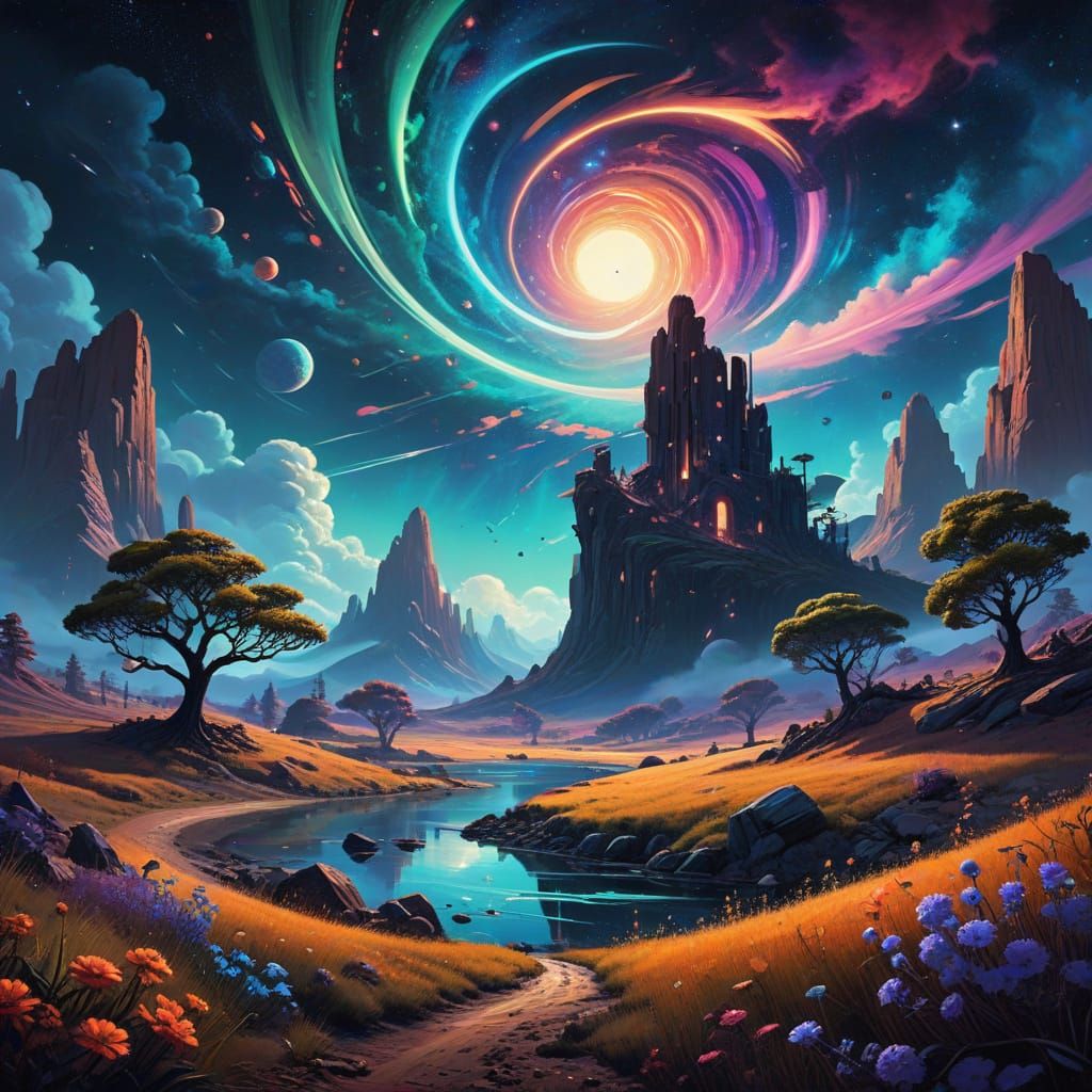 Vibrant Cosmic Landscape in Surrealist Style