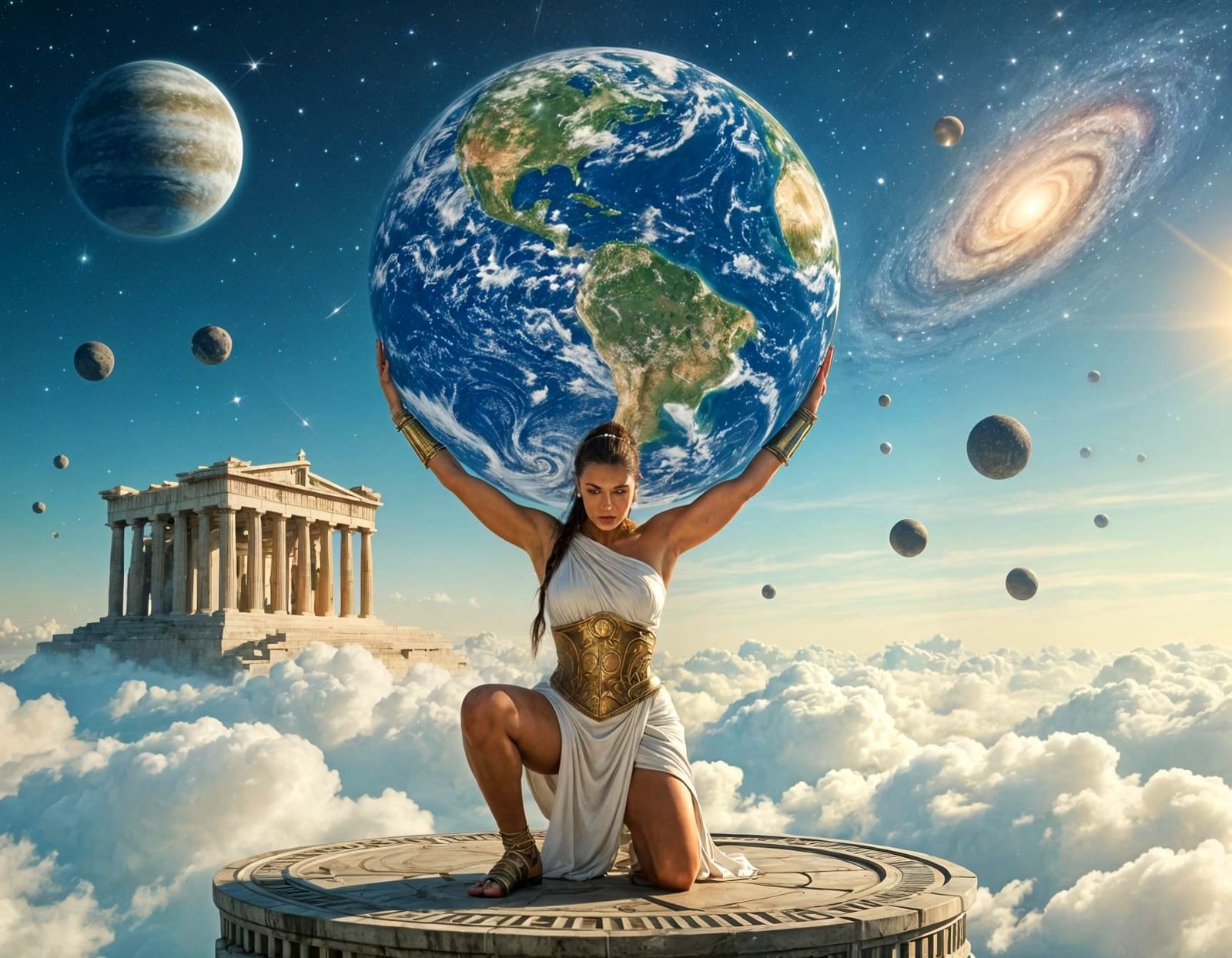 Muscular Woman Carries World in Space