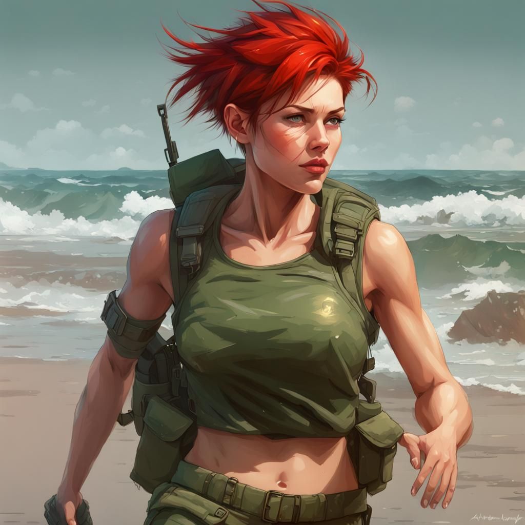 Female Soldier Portrait Running on Beach, Hyperdetailed Art