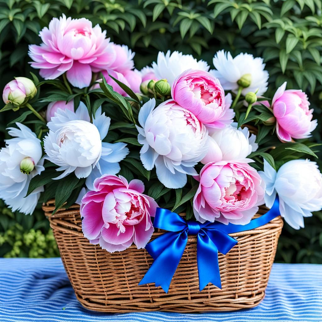 Blue and White Peonies in Wicker Basket