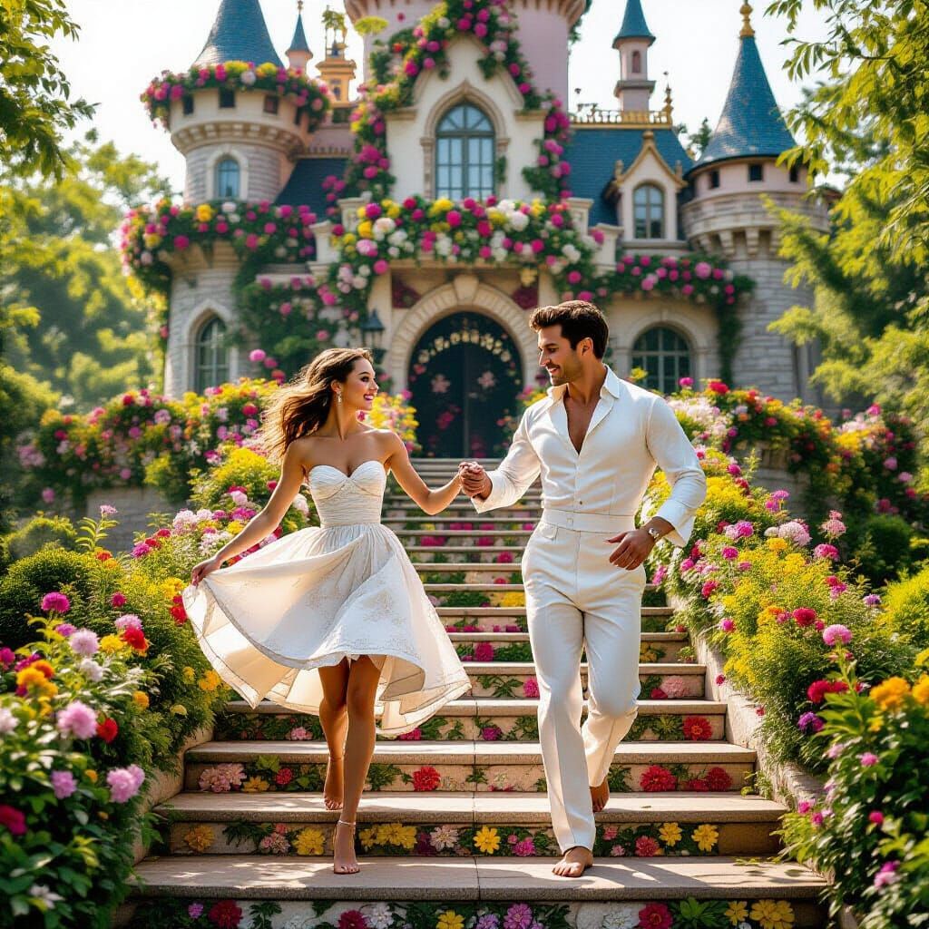 Elegant Dance at Floral Castle: A Whimsical Romance