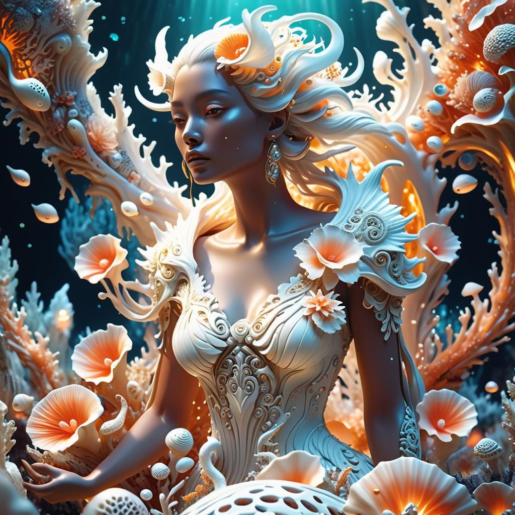 Iridescent White Creatures in a Fantastical Environment