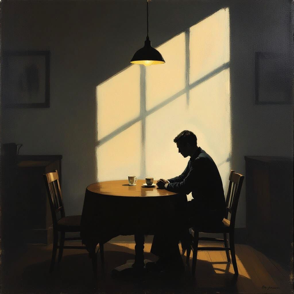 Solitary Figure in Moody Oil Painting of Routine