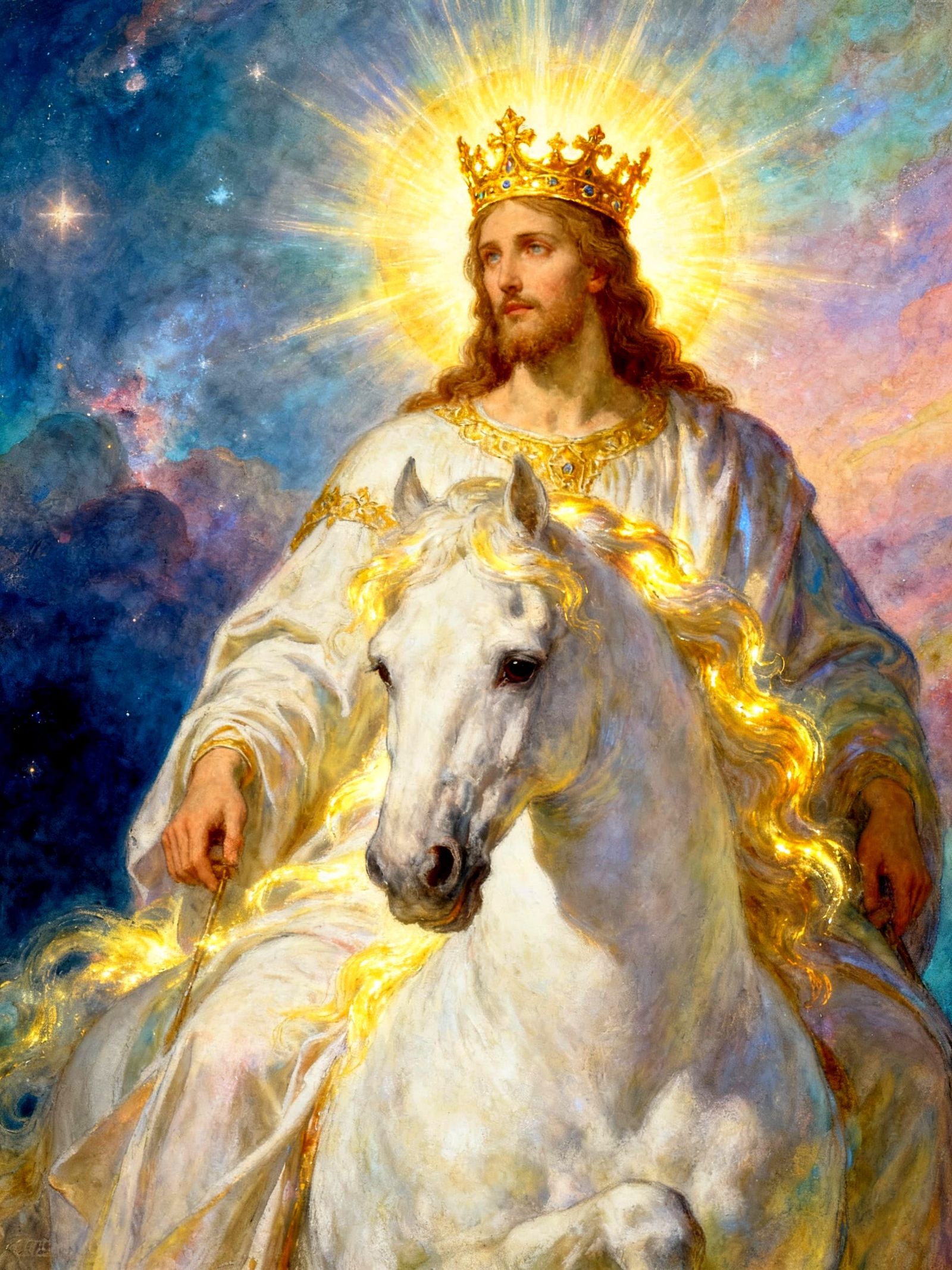 Christ on a White Horse, King of Kings in Glowing Gold