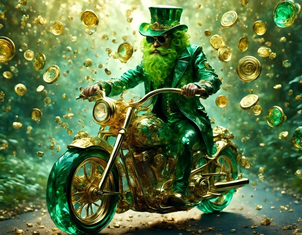 Leprechaun on Glass Motorcycle with Gold Coins