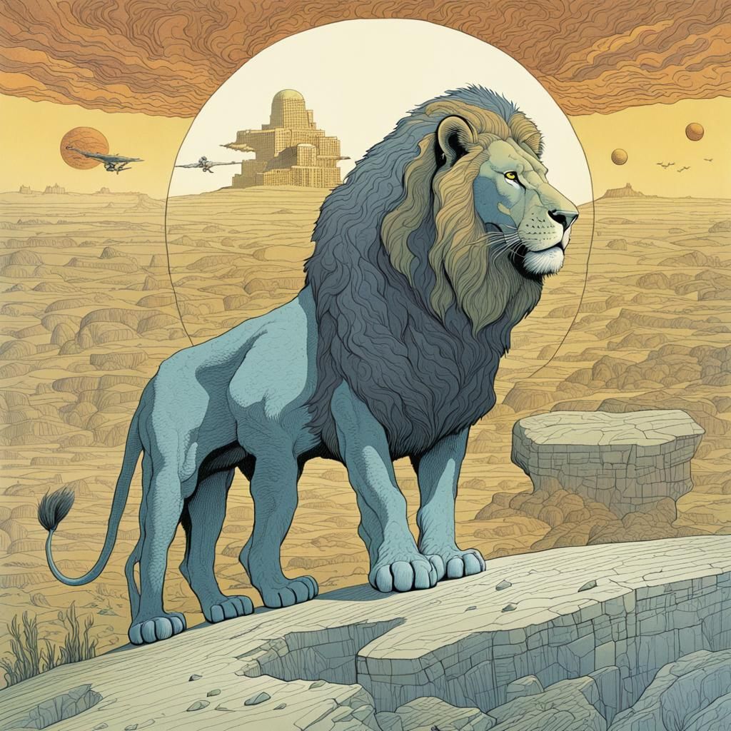 Lion in Surreal Landscape: Moebius Illustration
