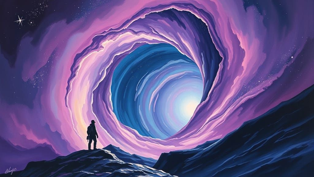 Cosmic Vortex Traveler in Gouache Painting