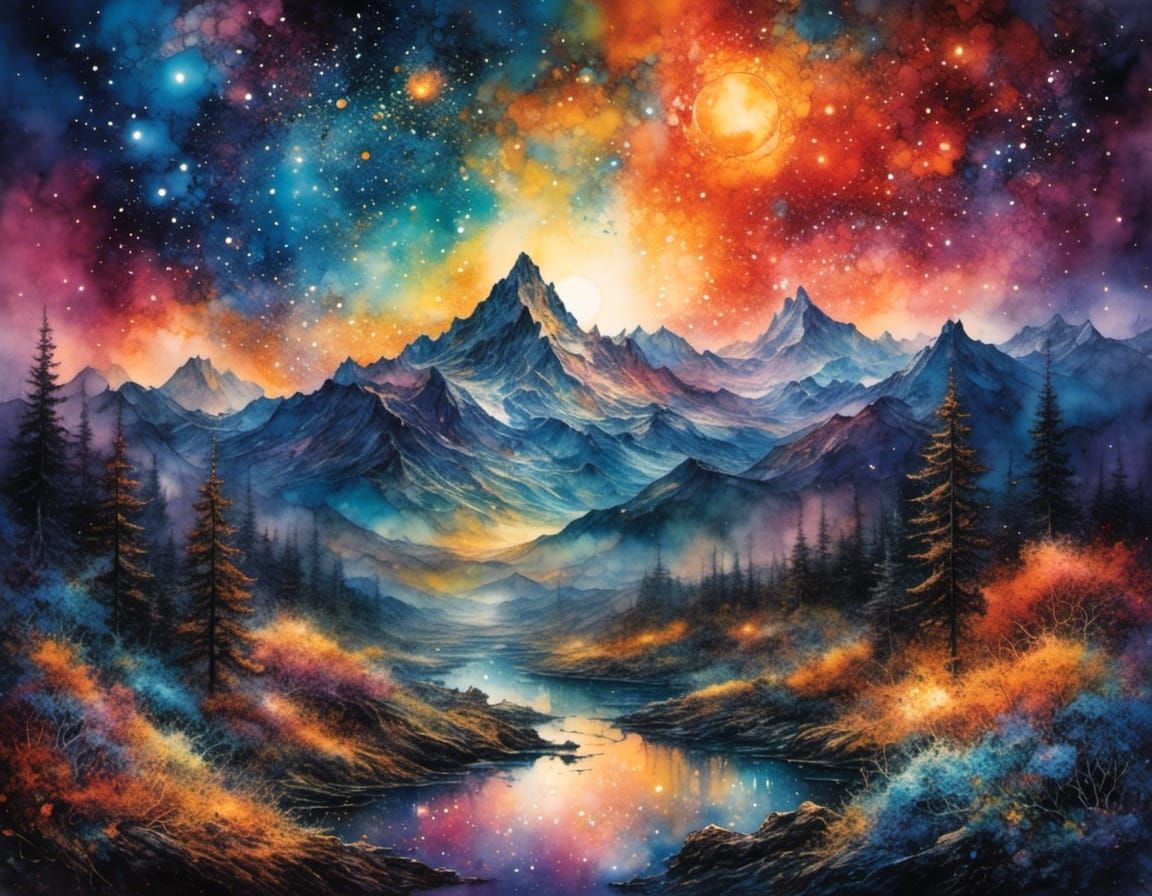 Colorful Mountainscape under Starry Night in Watercolor