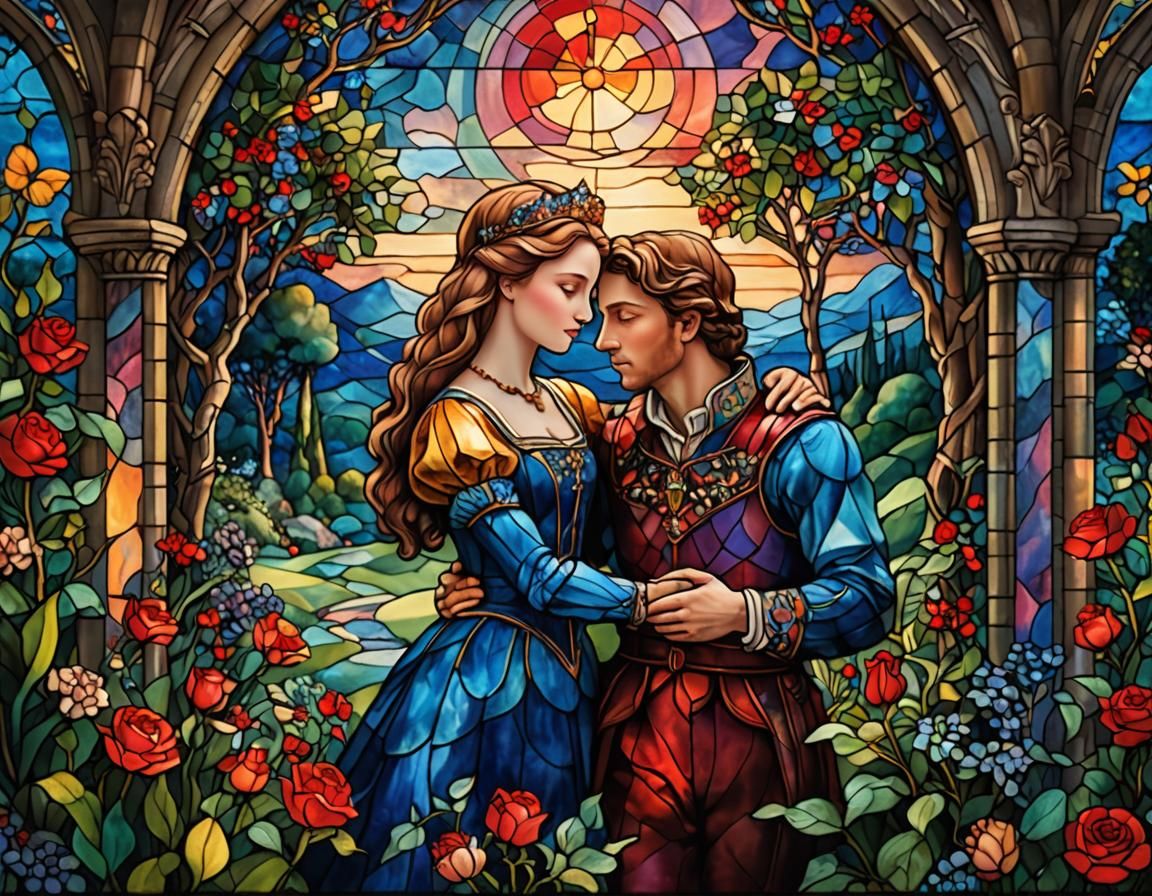 Romantic Stained Glass Prince and Princess Embrace
