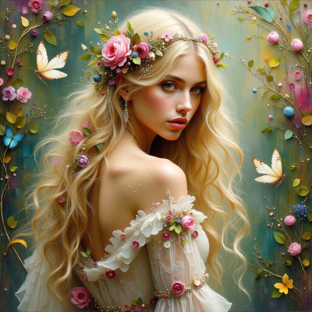 Romantic Portrait of Woman in Garden with Flowers