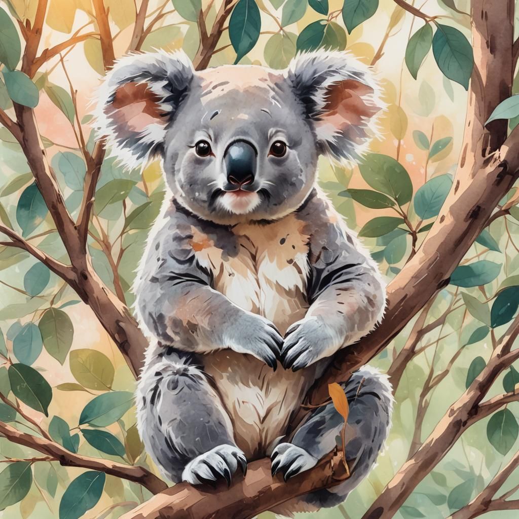 Anime Koala in Tree with Watercolor Textures