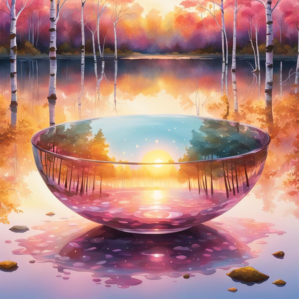 Crystal Bowl on Lake at Sunrise: Cosmic Illustration