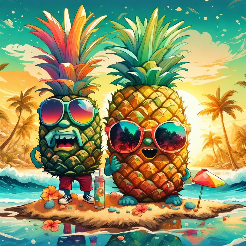 Chibi Pineapple and Coconut on Hawaiian Beach