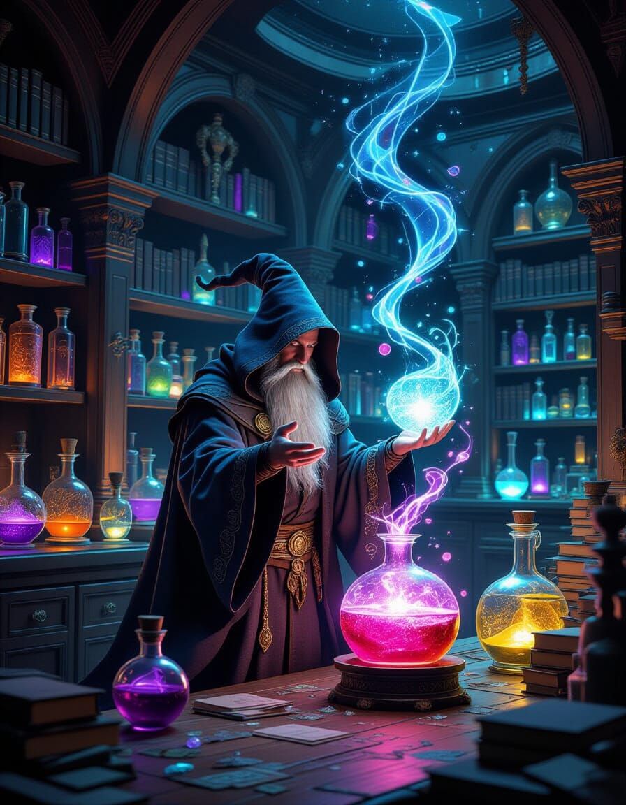 Fantasy Sorcerer Stirring Glowing Potions
