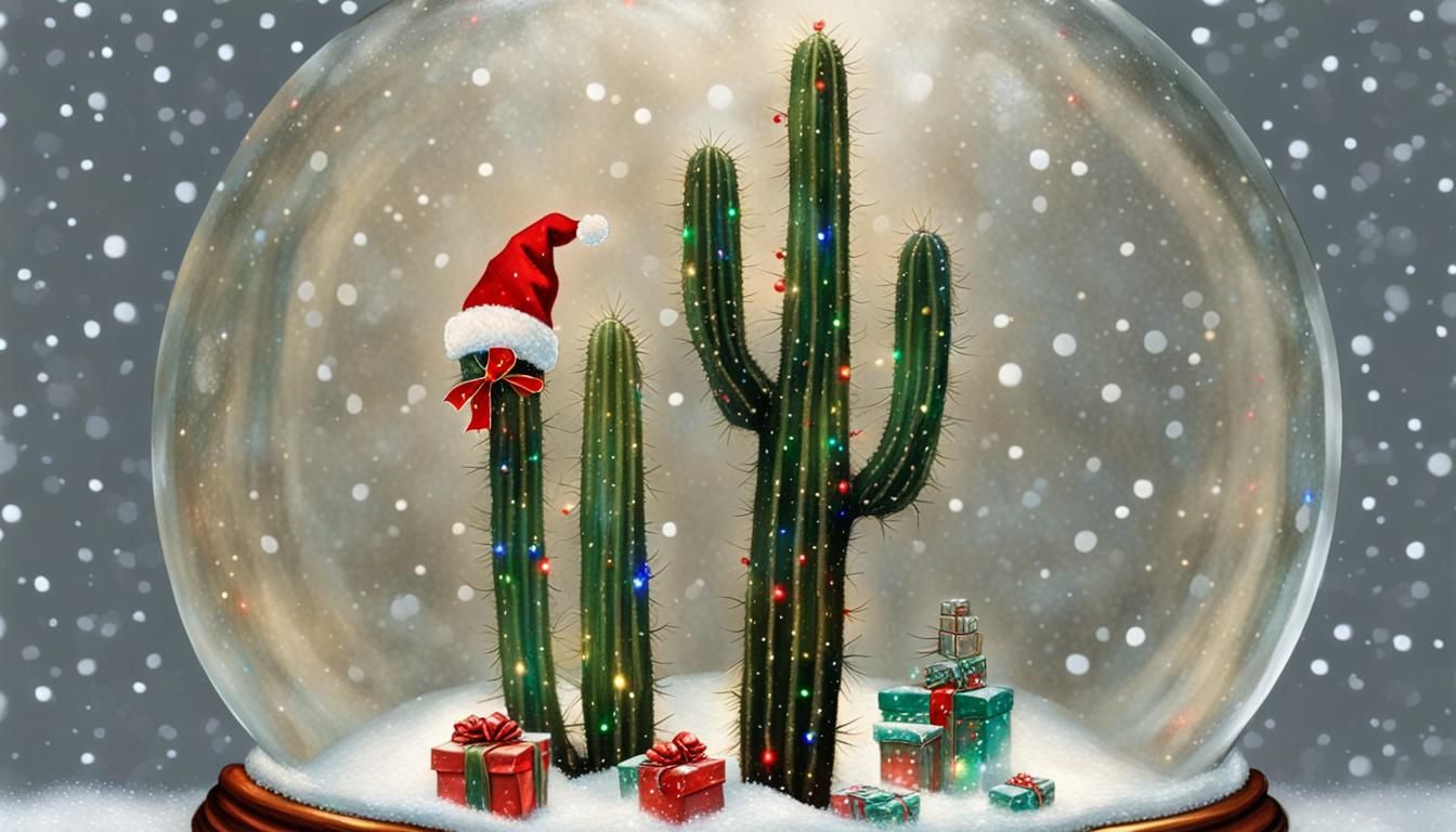 Christmas Cactus in Snow Globe, Rockwell Style