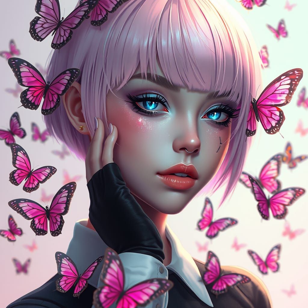 Futuristic Goddess with Pastel Pink Hair and Glittery Eyes