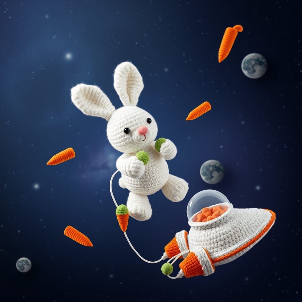 Crochet Bunny Eating Cosmic Carrots in Space