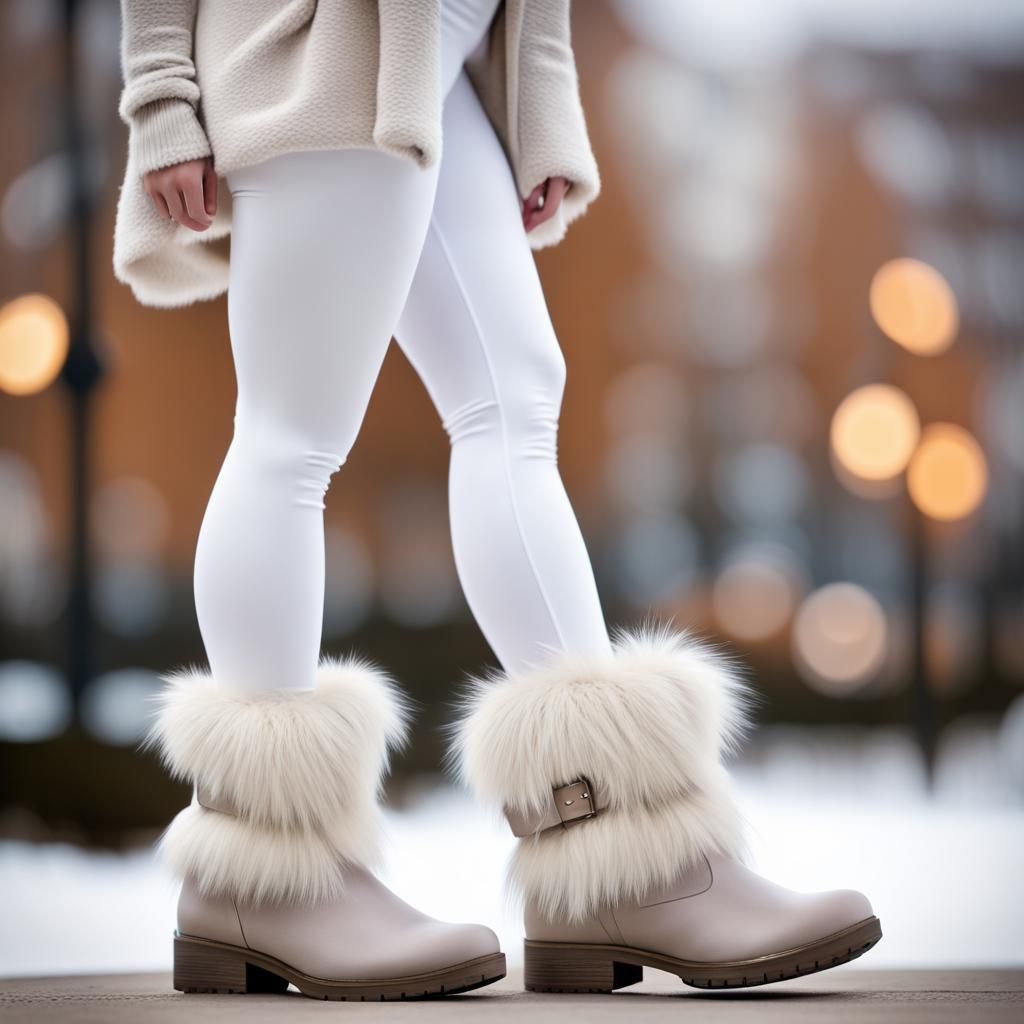 detailed woman wearing white leggings with furry boots,  Professional photography, bokeh, natural lighting, canon lens, ...