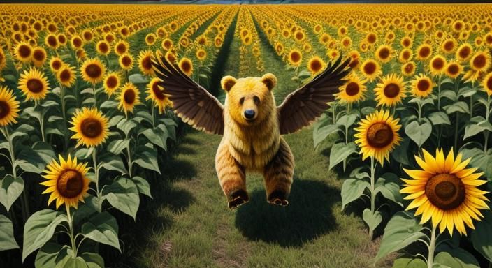 Bumble Bear Flying Above Sunflower Forest