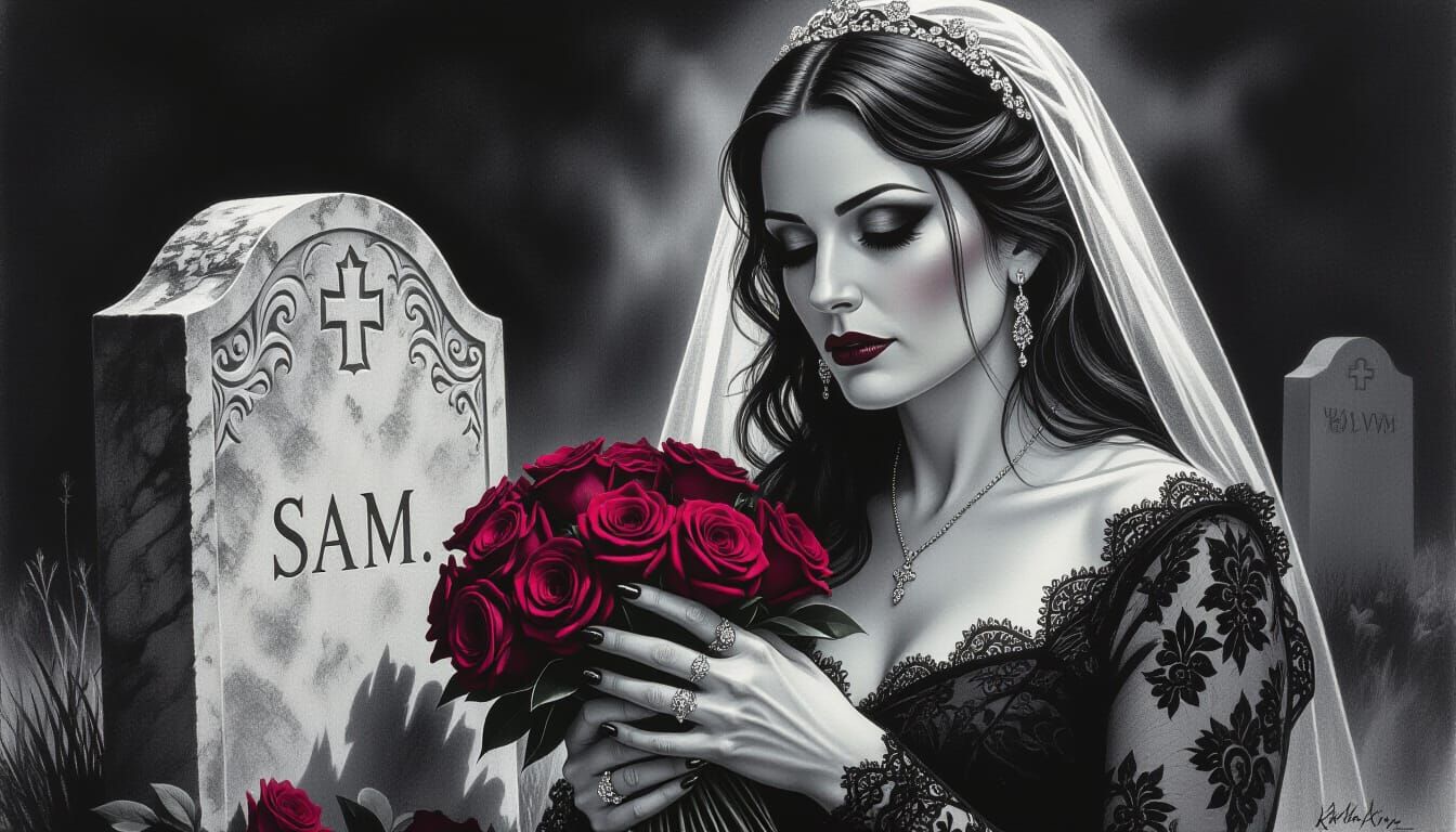Goth Woman Mourns at Wife's Grave in Charcoal Drawing
