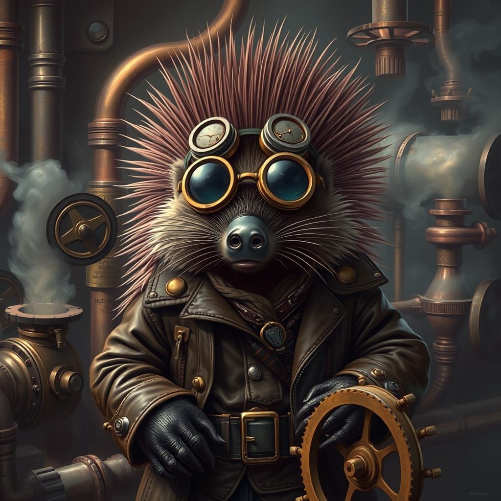 Steampunk Porcupine with Goggles Amidst Gears