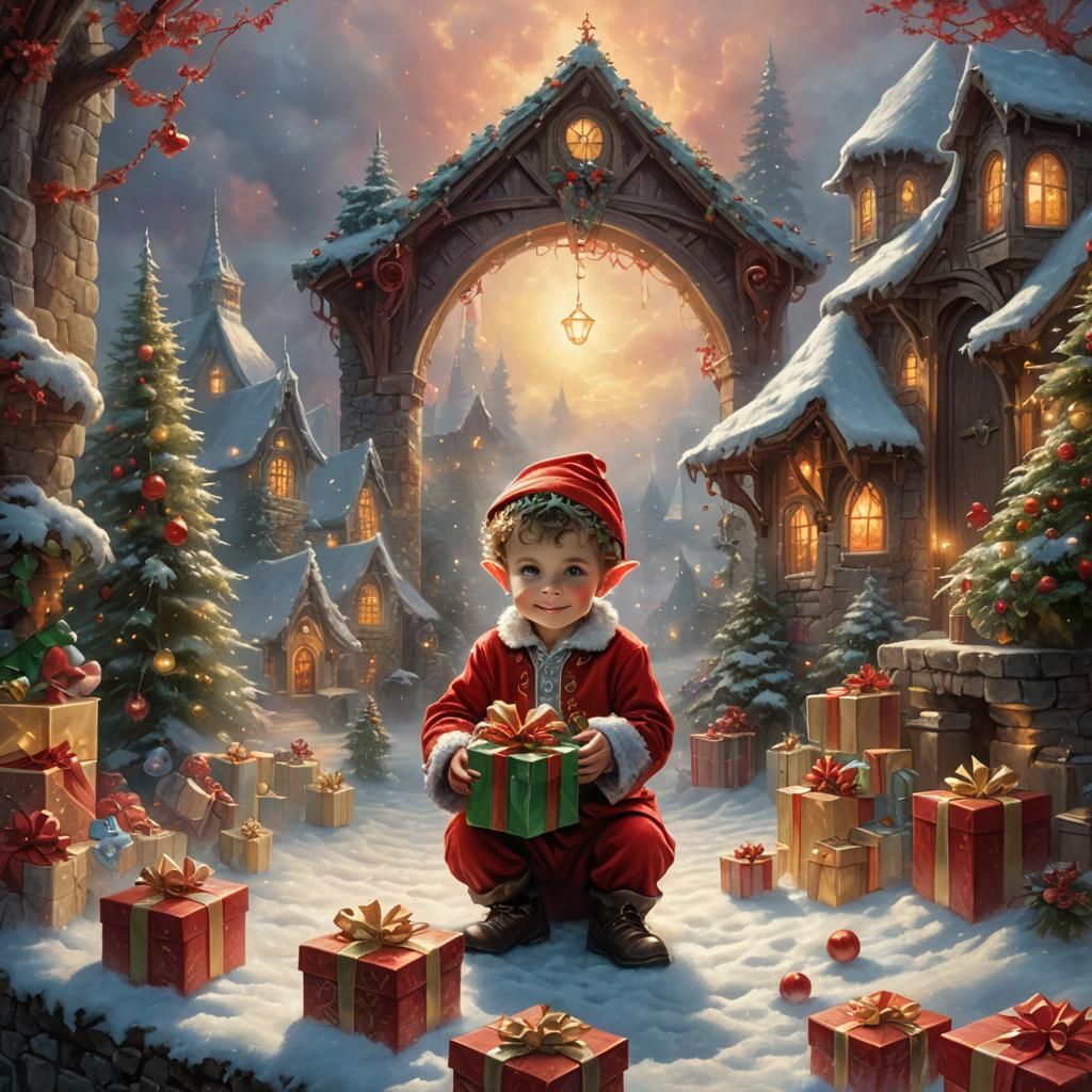 Baby Elf with Gift Box in Ethereal Style