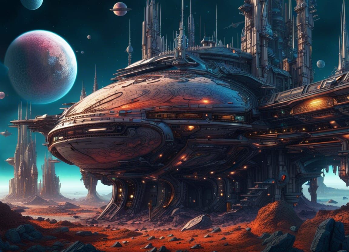 Detailed Sci-Fi Spaceship with Fantasy Planet Background