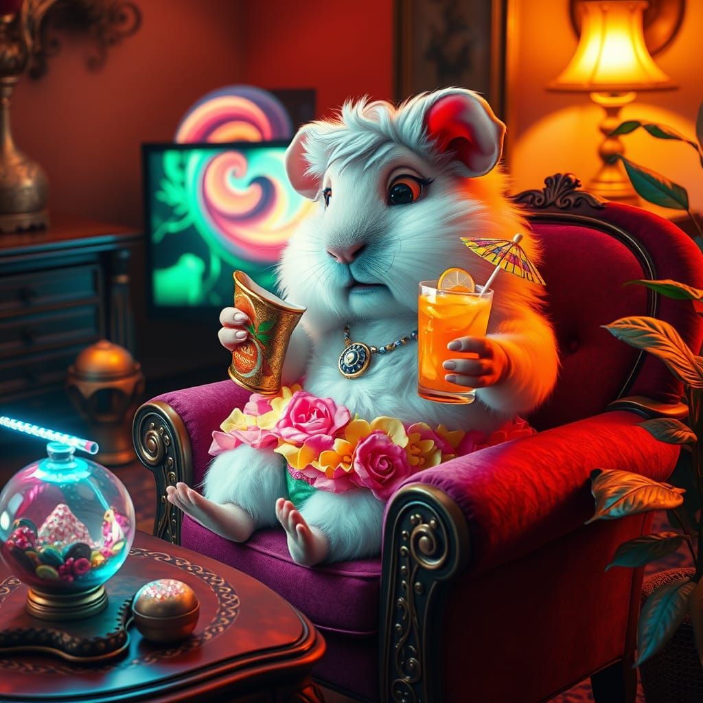 Fluffy Guinea Pig Monster Relaxing in a Cozy Room