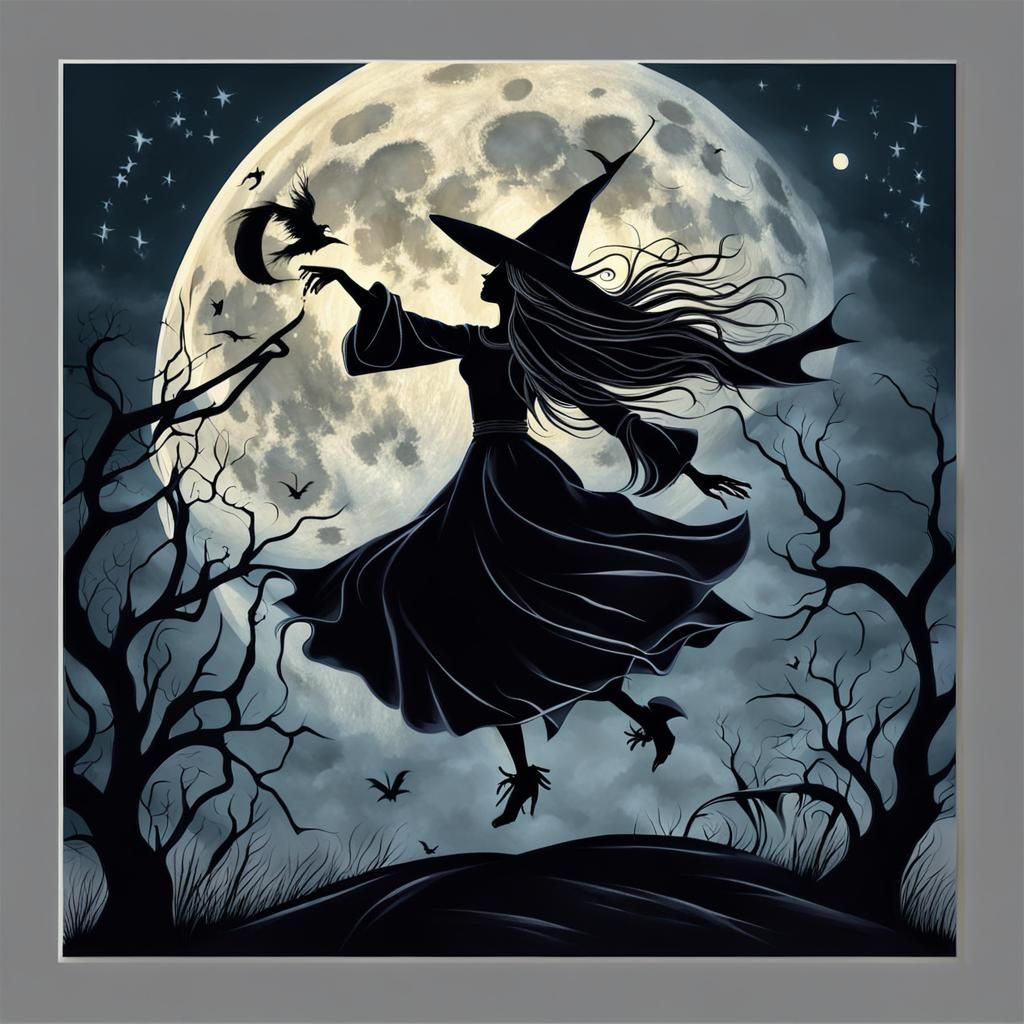 Witch Dancing Under Enchanted Moon in Gothic Style