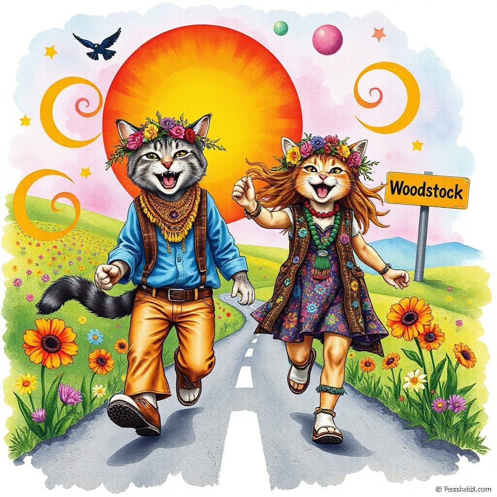 Hippie Cats Skipping in Woodstock Meadow, Pop Art Style