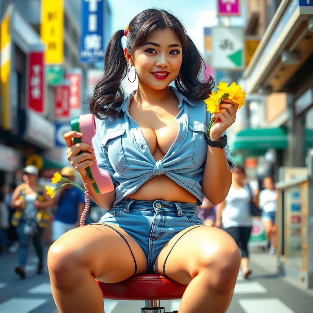 Hyper-Realistic City Scene with Asian Woman and Vibrant Flow...