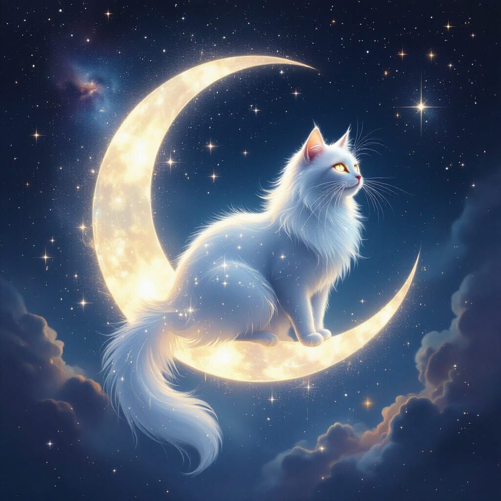 Ethereal Moon Cat Soaring Through Starry Night Sky