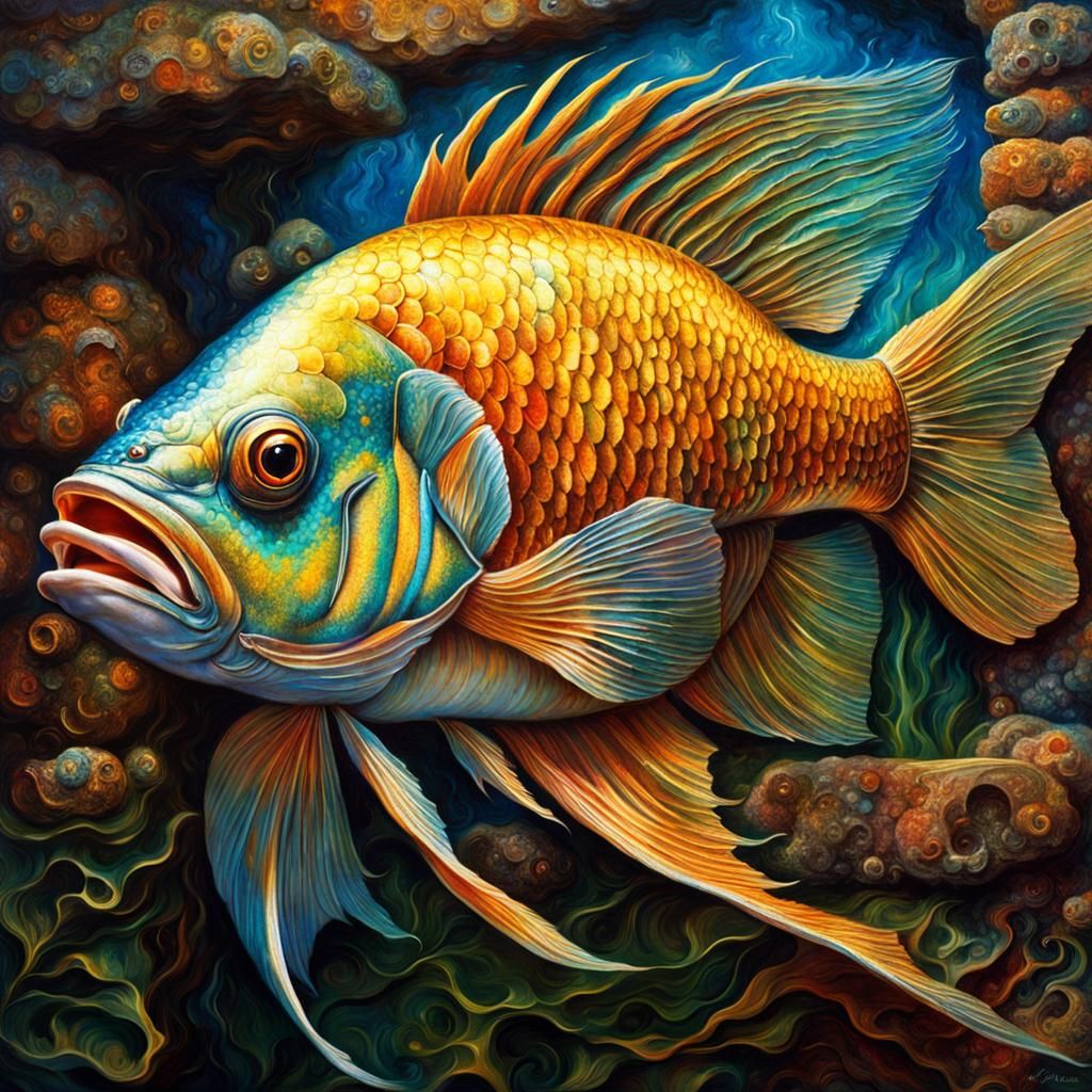Hyperrealistic Fish on Wall with Decaying Scales