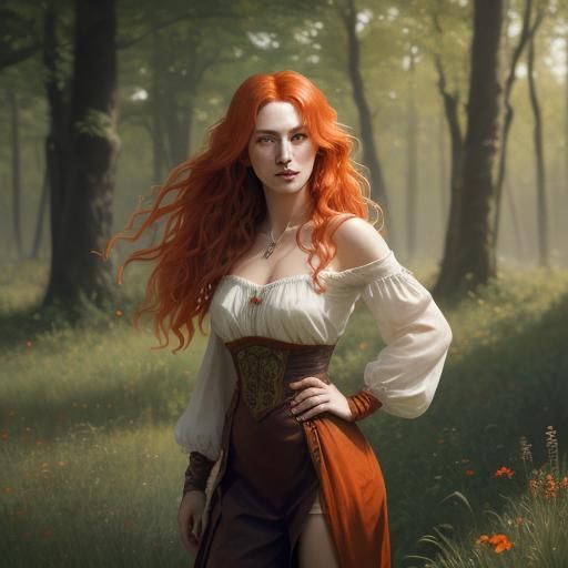 Red-Haired Woman in Meadow, Art Nouveau Style