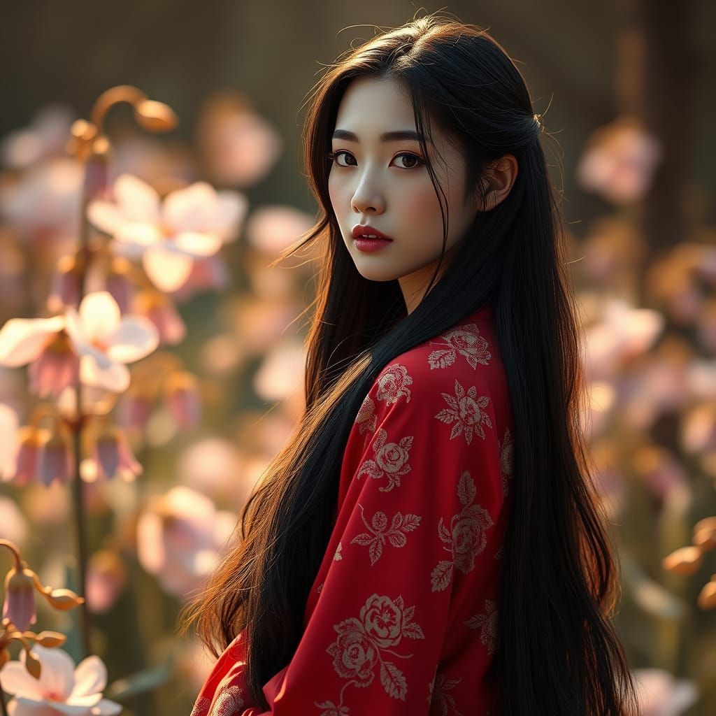 Ethereal South Korean Goddess in Crimson Hanbok