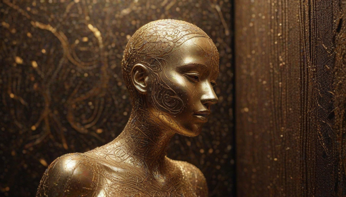 A humanoid figure with a slender, elongated body, adorned in...