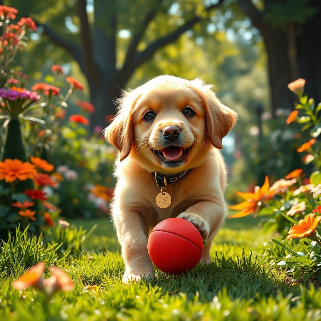 Golden Retriever Puppy Plays in a Lush Garden in Hyper-Reali...
