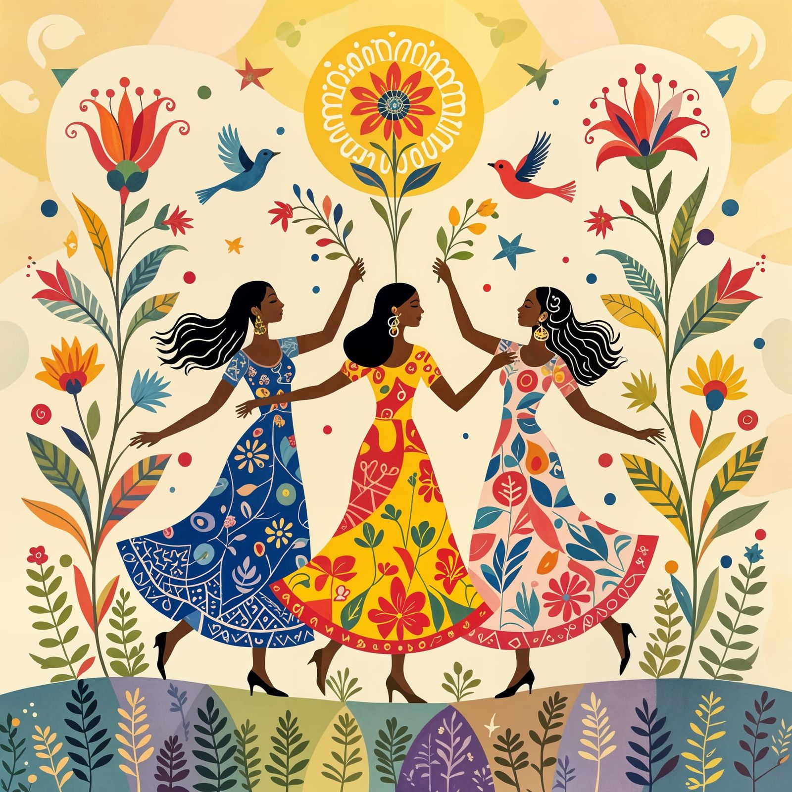 Three Women Dancing with Abstract Geometric Shapes