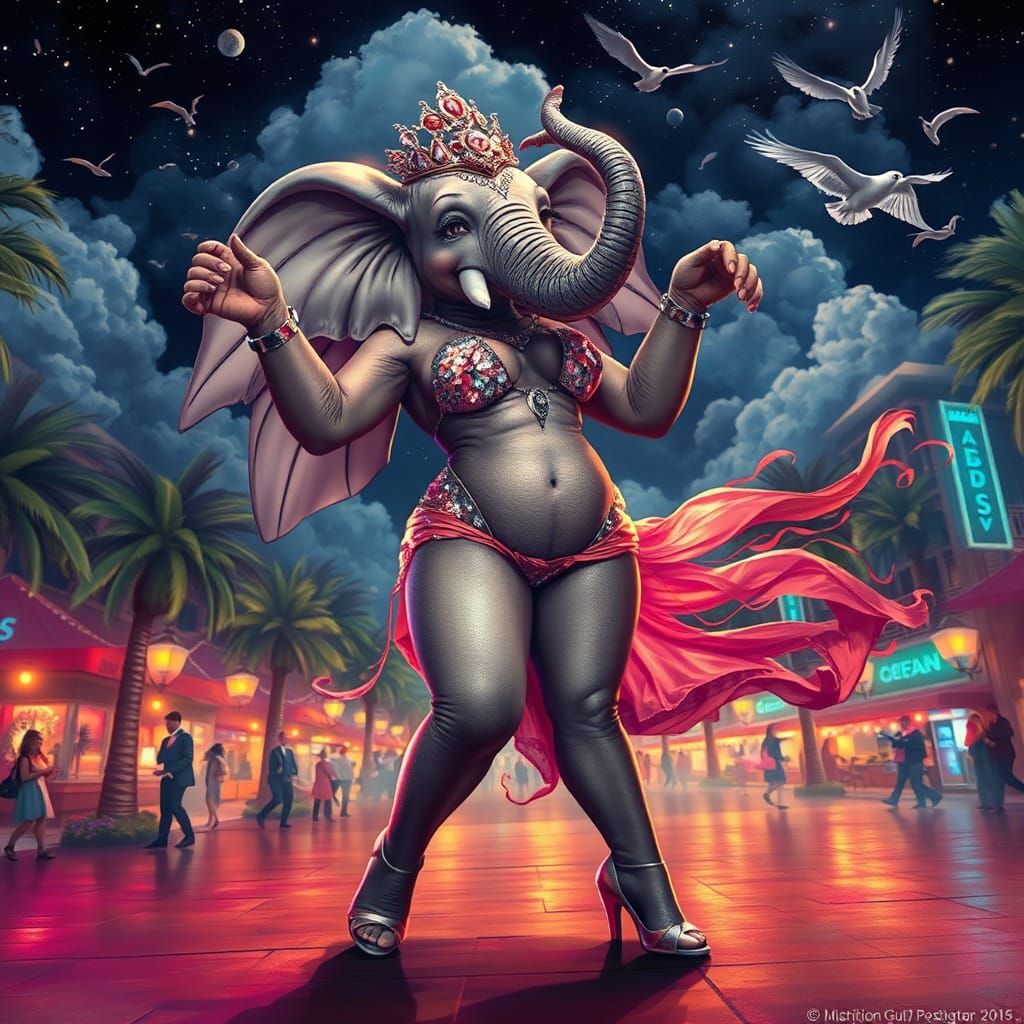 Elephant Woman's Midnight Dance, Hyperrealistic Art