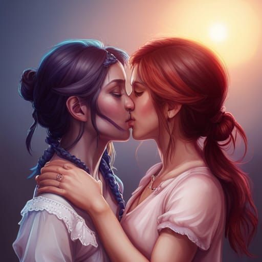 Two Girls Kissing: Art Nouveau Portrait