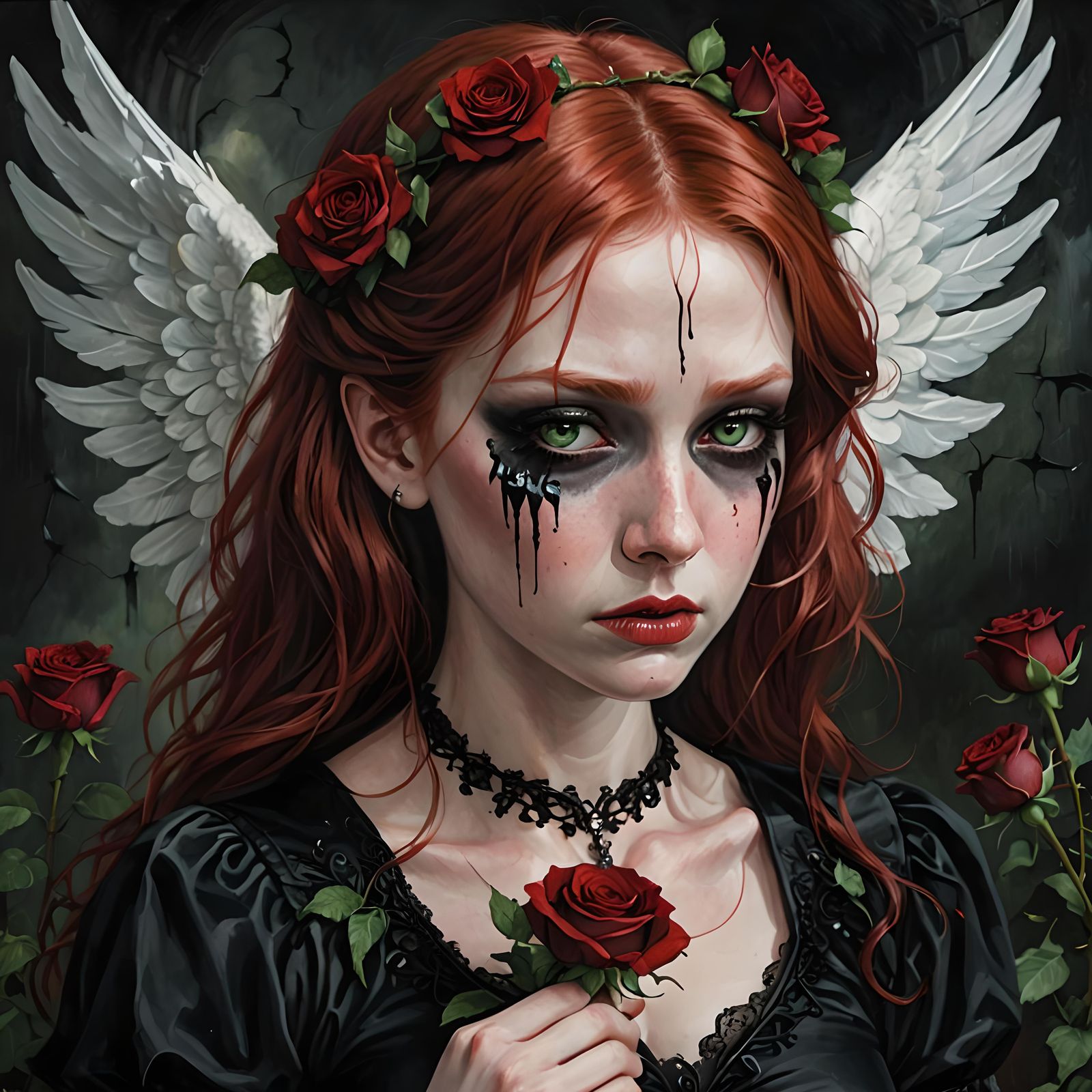 Redhead Goth Angel Portrait with Black Tears
