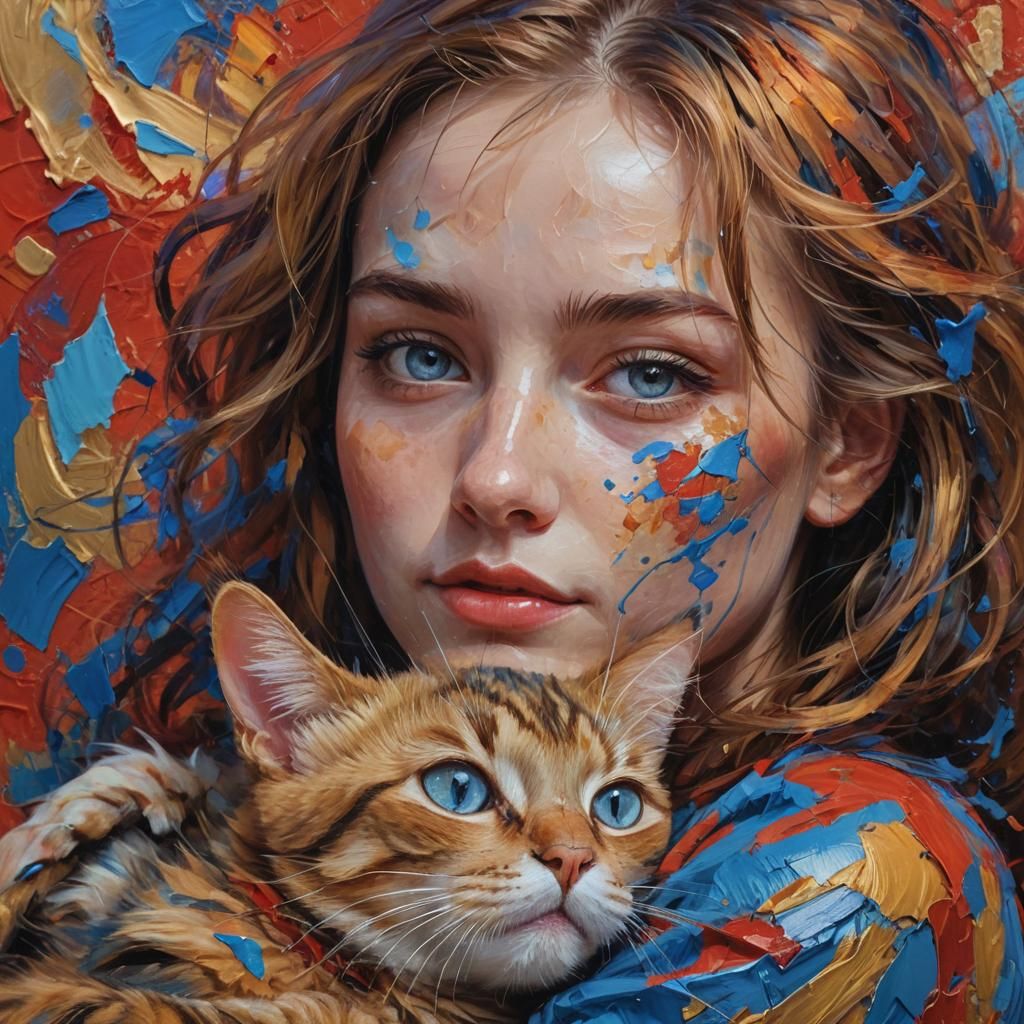 Abstract Portrait: Girl with Cat in Expressive Colors