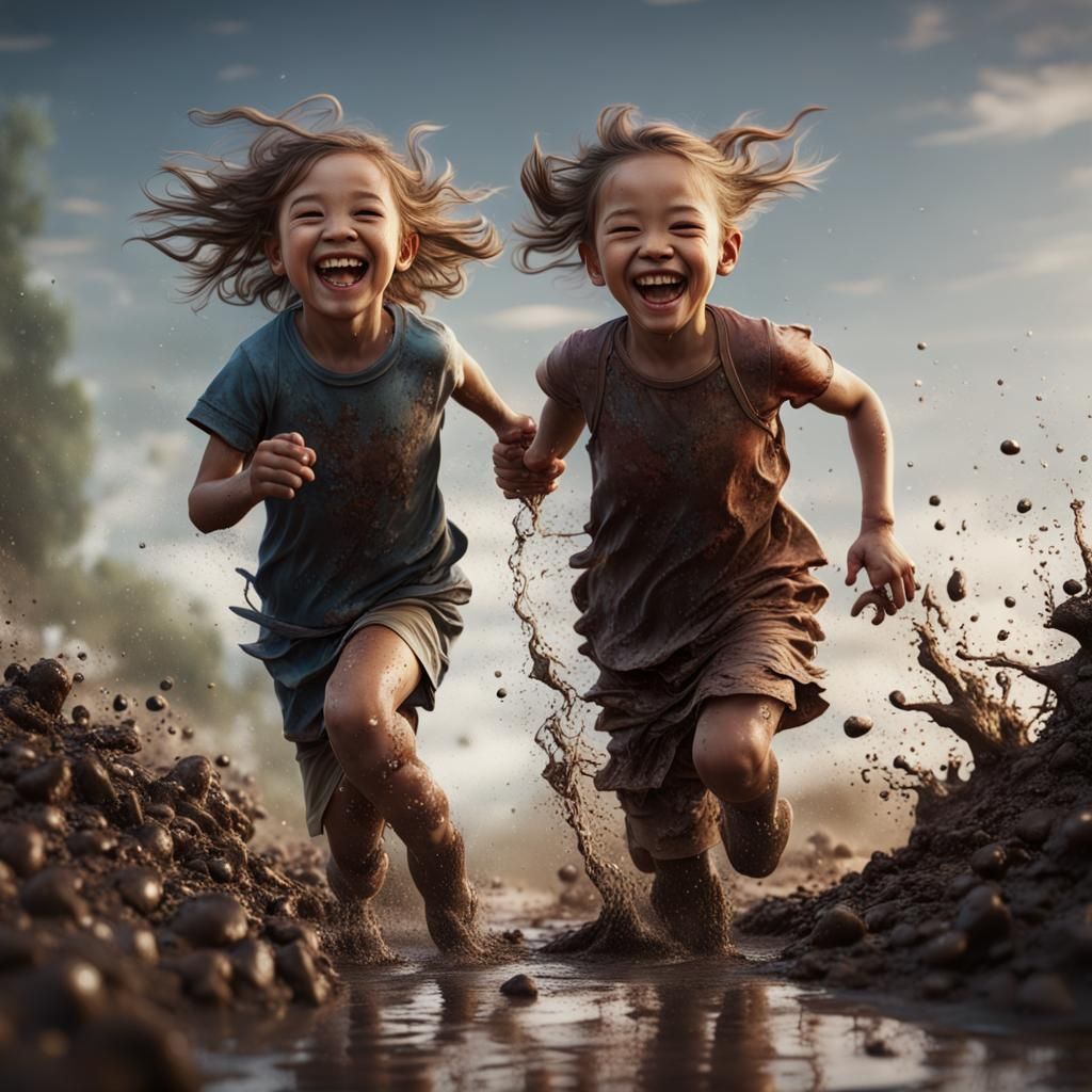 Children's Joy: Running Through Mud Puddles