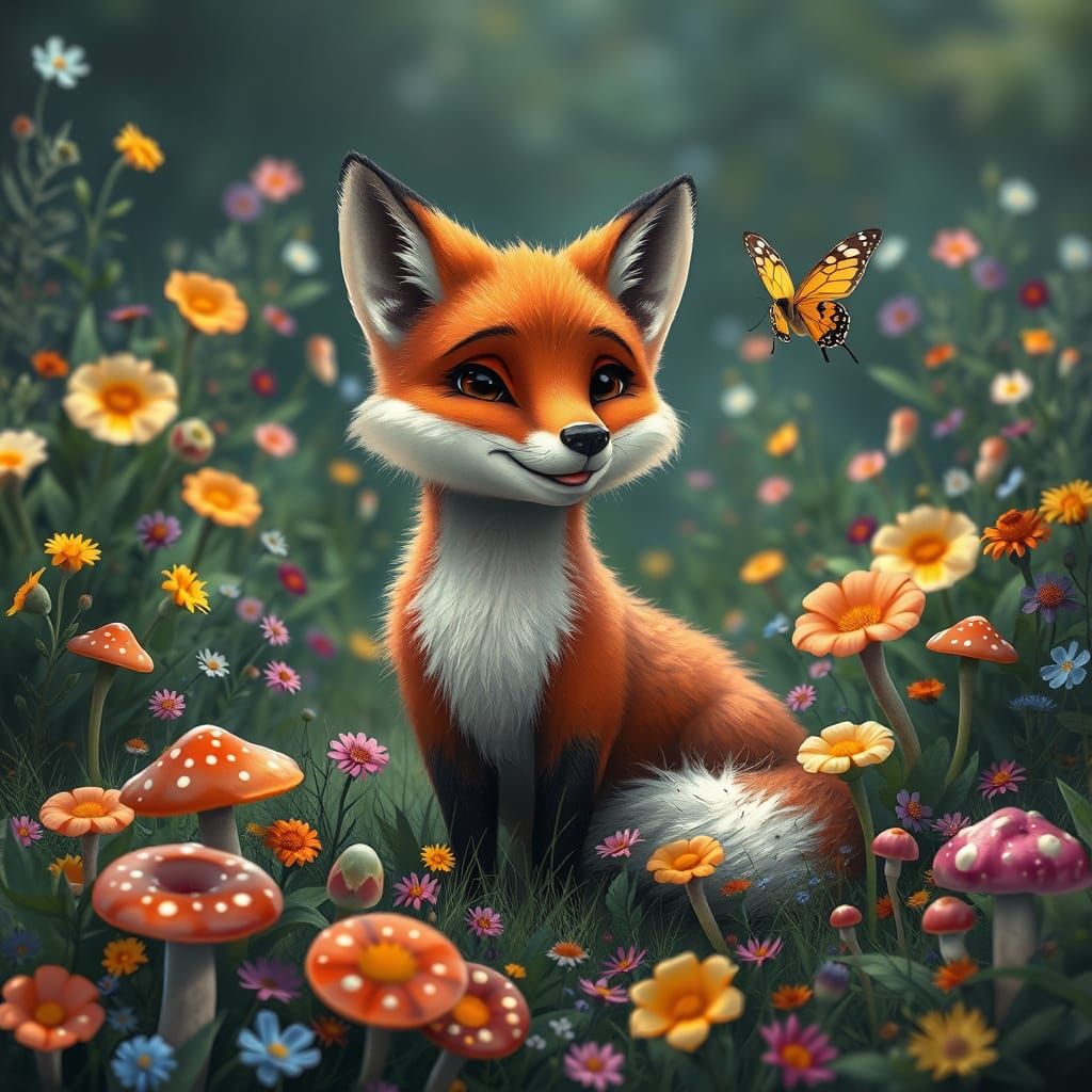 Fox and Butterfly in Lush Meadow
