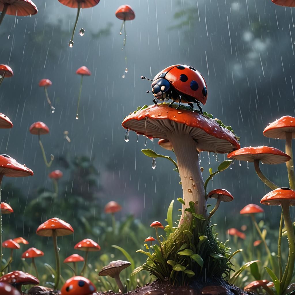 Ladybug Under Mushroom in Rainy Pixar Style