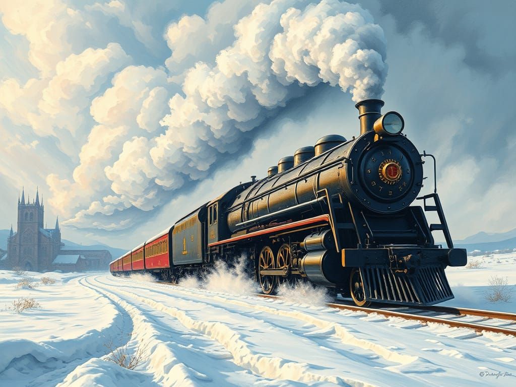 Art Deco Steam Train in Surreal Snowy Landscape