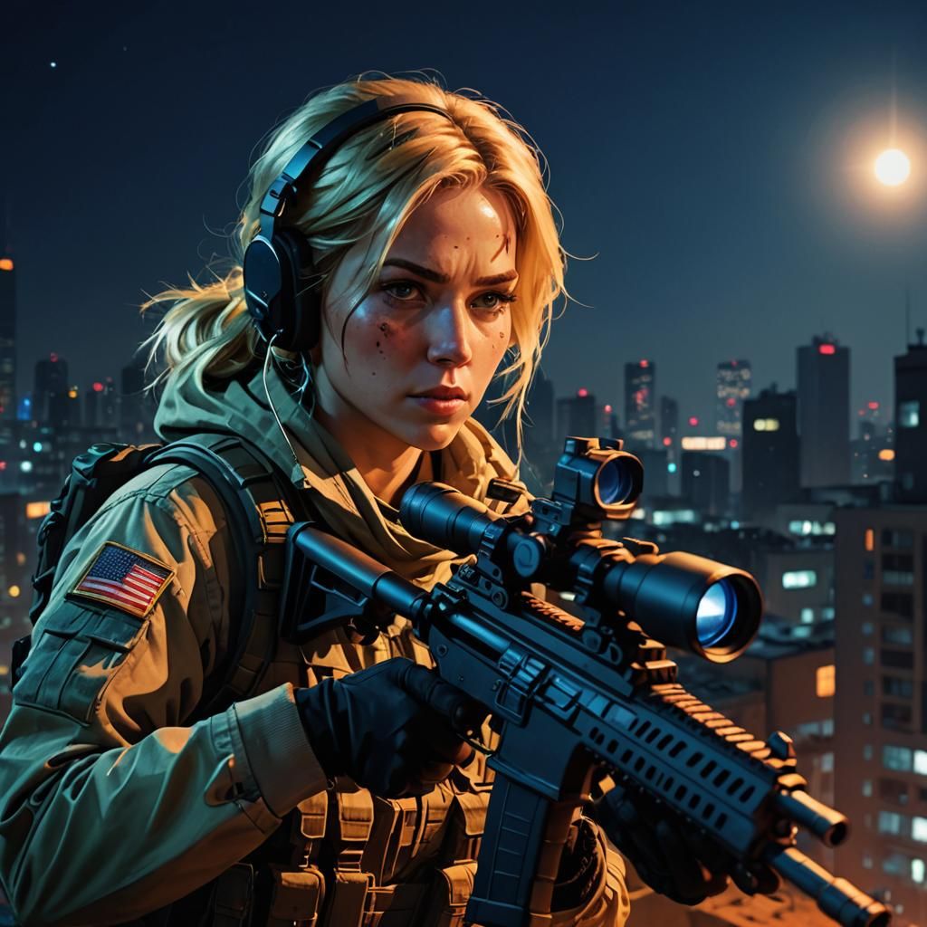 Blonde Sniper in Cityscape at Night: Digital Painting