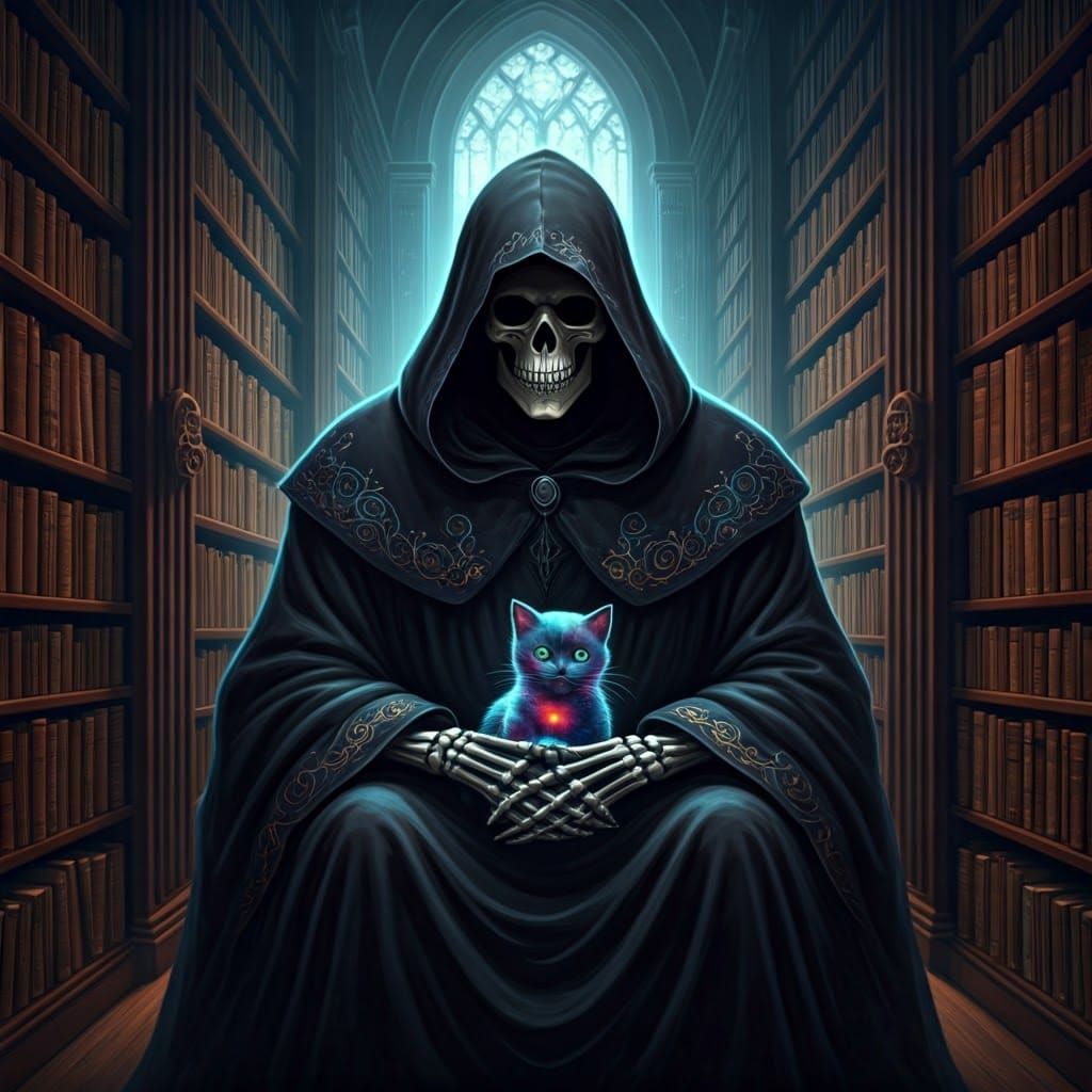 Grim Reaper and Kitten in a Cosmic Library