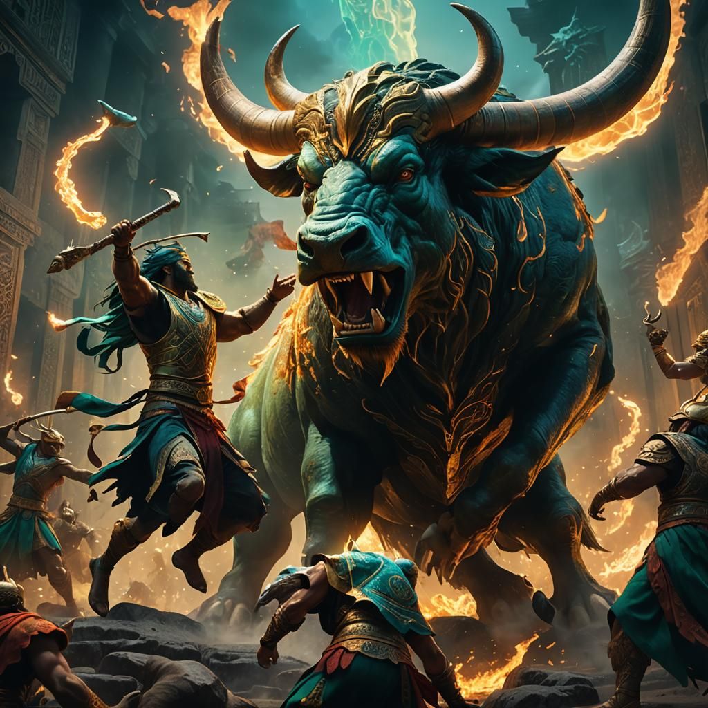 Gilgamesh and Enkidu Slay Bull in Epic Fantasy