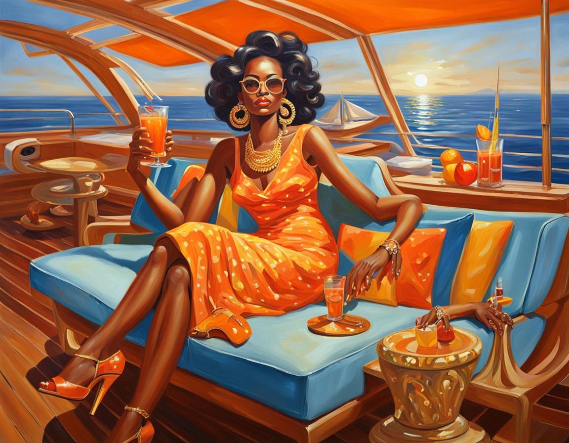Beautiful Woman on Yacht in 3D Oil Painting